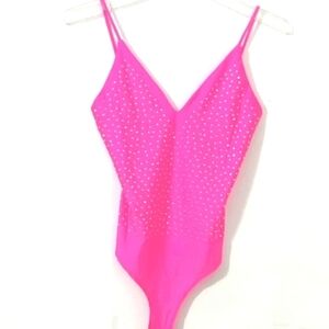 PINK PLUNGE V-NECK SILVER STUDDED SPARKLE THONG BODYSUIT SIZE MEDIUM NWOT